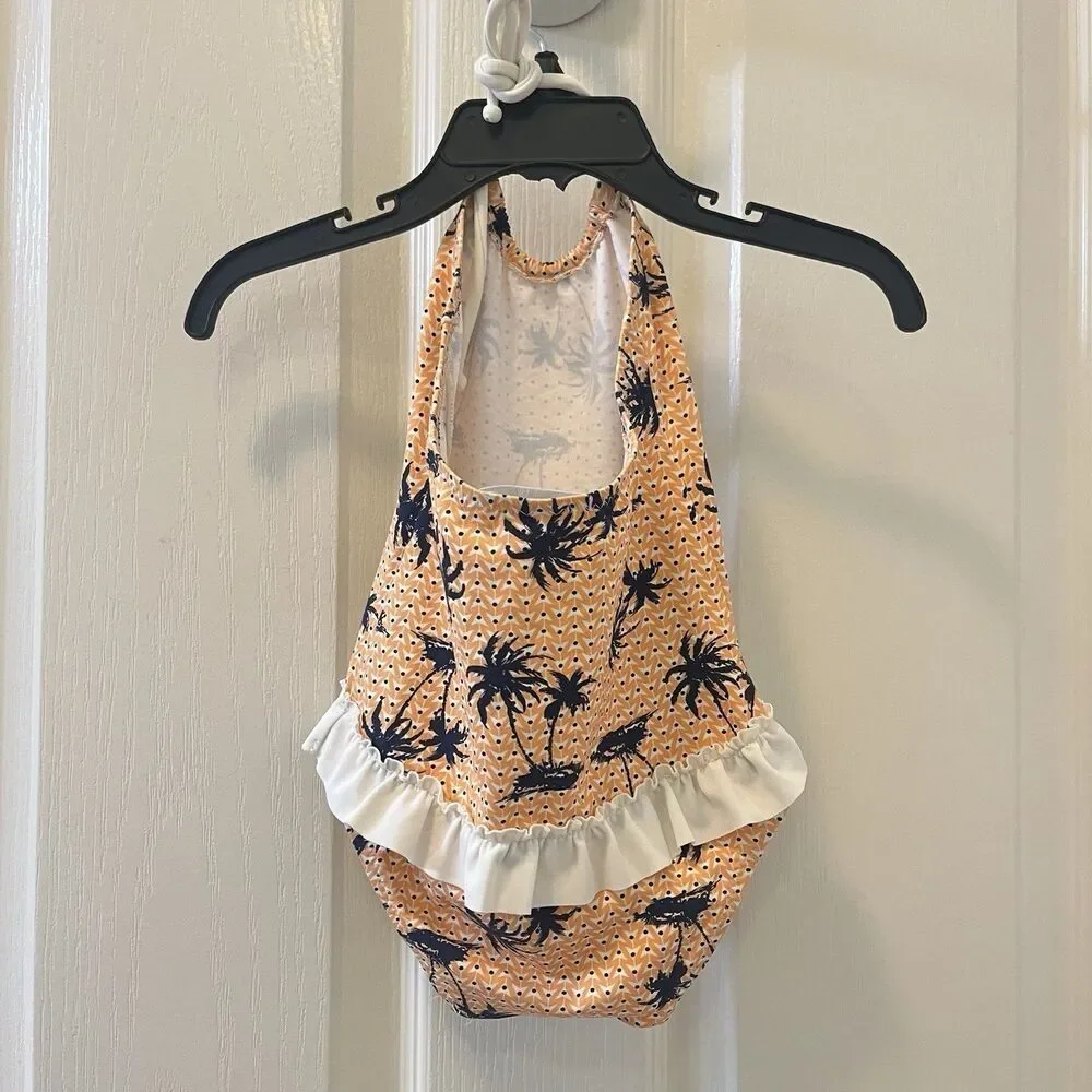 Eberjey Peach Midnight Palm Trees Halter Swimsuit One Piece Girls Size 2 years